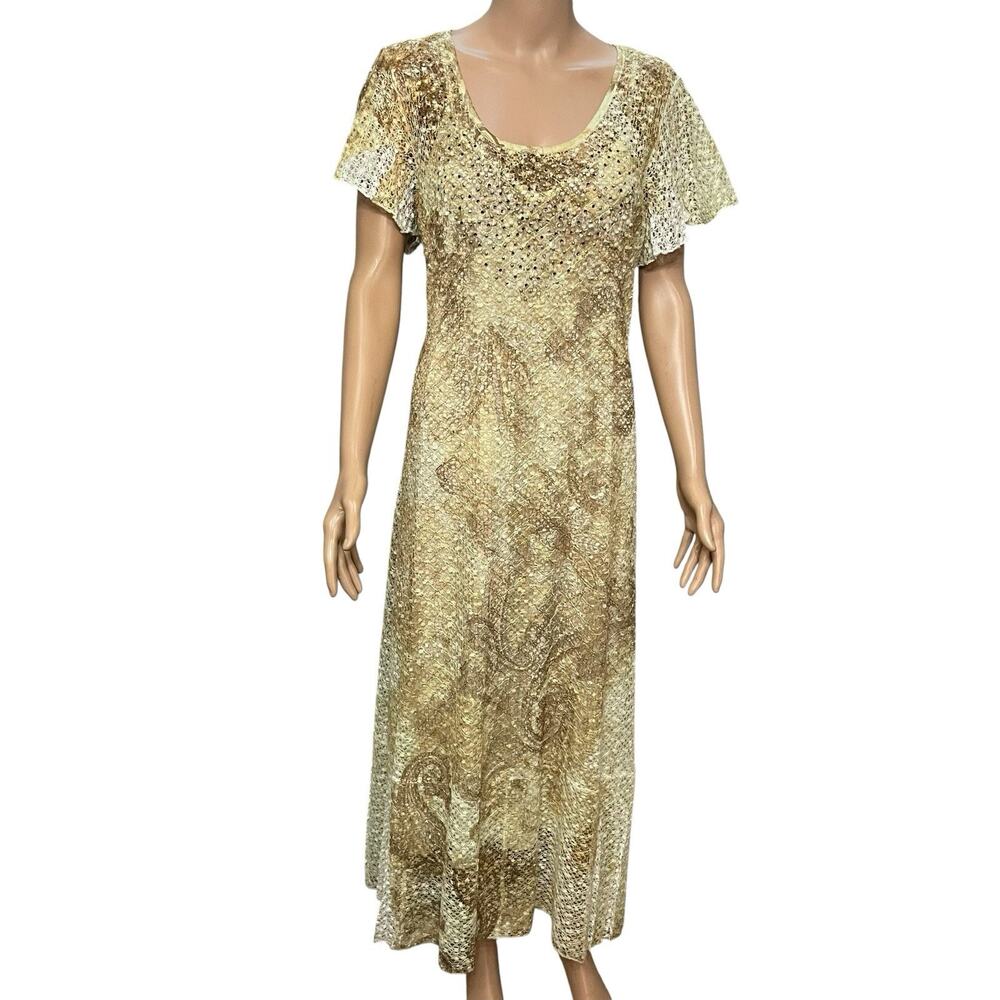 Reba Embroidered Mesh Maxi Dress XL Boho Rhinestone Flutter Sleeve Fairy Western